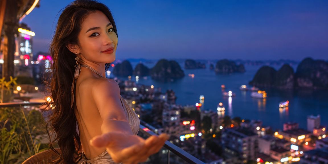Cảnh thư giãn tại vịnh Hạ Long trong khi theo dõi sự kiện thể thao trên thiết bị di động