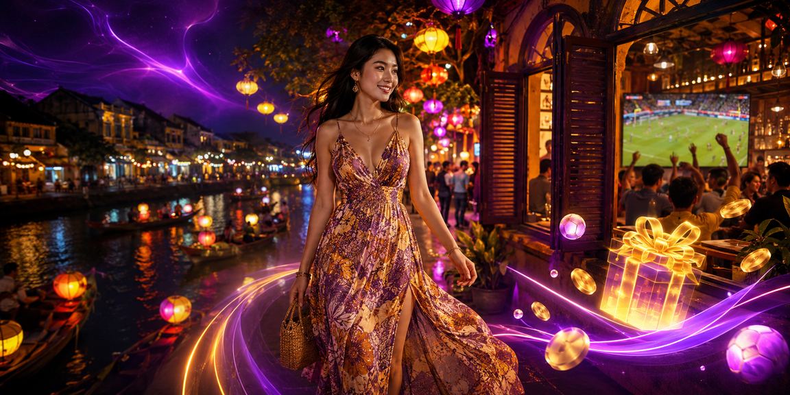 Người dùng xem lịch thi đấu thể thao trên điện thoại tại quán cà phê phố cổ Hội An